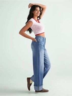 Halara Flex High Waisted Pockets Rolled Hem Wide Leg Washed Casual Jeans